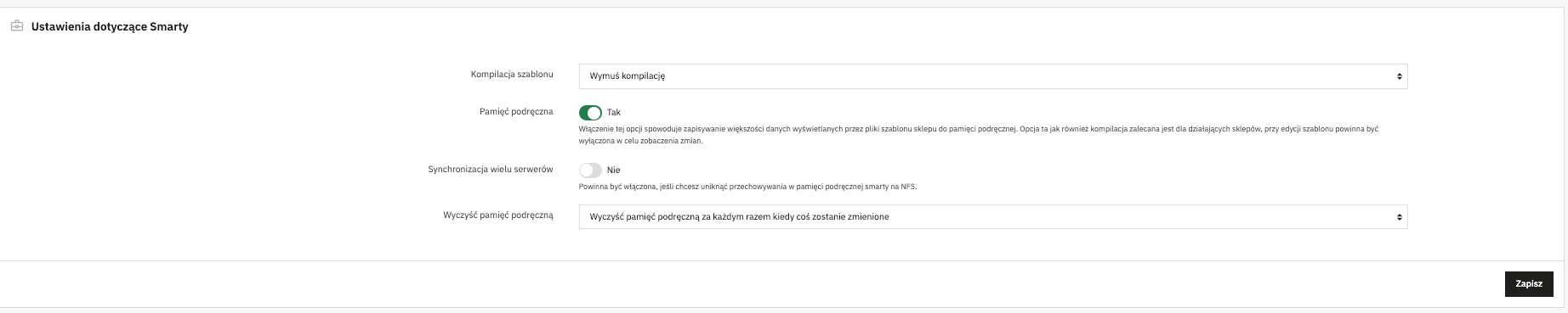 ustawienia wydajnosci i cache w panelu prestashop
